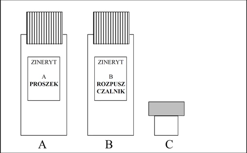 Tres botellas blancas con letras negras: botella A con la etiqueta ZINERYT A POLVO, botella B con la etiqueta ZINERYT B DISOLVENTE y una pequeña botella C