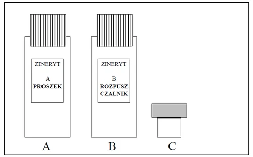 Three white packages of Zineryt medication labeled with letter A marked 'powder', B marked 'solvent', and a smaller package C on a gray background