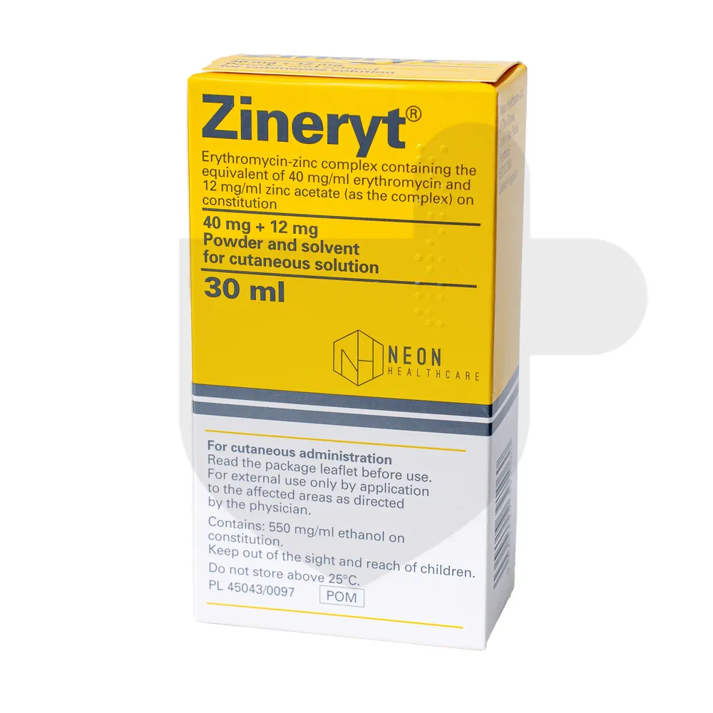 Zineryt powder and solvent for preparation of solution for skin application