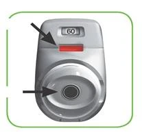 Device with digital display showing 60 and red indicator; arrows point to the display and central button
