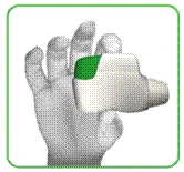 Hand holding a white vial with a green element on the cap, fingers wrapped around the body, white background with green border