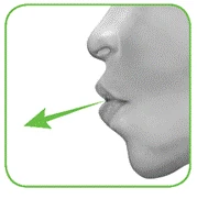 Profile view of a human head with an arrow pointing to the mouth, illustrating direction of inhalation or oral drug administration