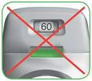 Device with digital display showing number 60 crossed out in red; green strip located below the display