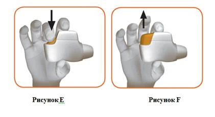 Mano sosteniendo un inhalador; en la Figura E, una flecha indica presionar el botón; en la Figura F, indica levantar el botón tras su uso