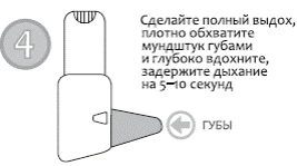 Шаг 4: сделайте полный выдох, плотно обхватите мундштук губами, глубоко вдохните и задержите дыхание на 5–10 секунд