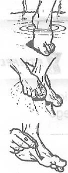 Three stages of foot treatment: soaking in water, manual toe massage, and applying ointment to the sole of the foot