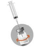 Jeringa insertando la aguja en una ampolla de medicamento, con un símbolo circular rojo de flecha que indica rotación alrededor