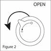 A round cap with an arrow indicating counter-clockwise rotation to open, labeled OPEN and marked Figure 2