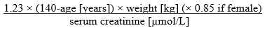 Fórmula para calcular el aclaramiento de creatinina: 1.23 multiplicado por (140 menos la edad en años) multiplicado por el peso en kilogramos (multiplicar por 0.85 si es mujer) dividido por la creatinina sérica en µmol/L