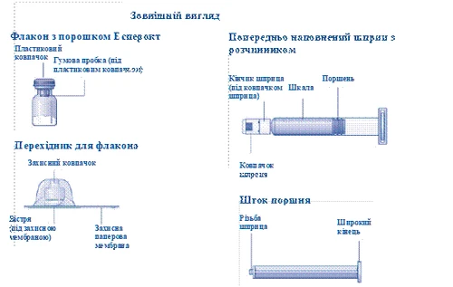 Флакон с порошком Эсперокт, адаптер для флакона, предварительно заполненный шприц с растворителем и поршень шприца с отметками для точной дозировки лекарства
