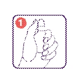 Hand holding a bottle of medication, fingers twisting the cap to open, with a red circle containing the number 1 in the upper left corner