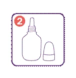 Bottle with dropper and separate cap labeled with the number 2 in a red circle, on a white background with a purple frame