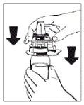 Hands place the medication vial into a special holder, pressing from both sides to secure it before use