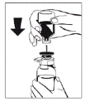 One hand holds a syringe and inserts the needle through the medication vial's stopper, while the other hand stabilizes the vial; an arrow indicates the direction of plunger depression