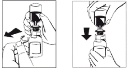 Hands open a medication vial by unscrewing the cap, then insert a syringe into the vial to draw up the solution