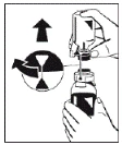 A hand opens a medication vial using a special mechanism, with arrows indicating the direction of rotation and lifting to remove the cap