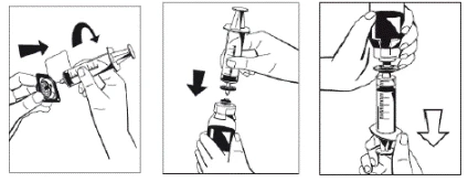 Hands demonstrate the syringe preparation sequence: opening an ampoule, drawing up the solution, and expelling air from the syringe prior to injection
