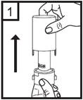One hand holds the vial, the other hand inserts the syringe into the vial stopper, with an arrow pointing upward indicating the direction for drawing up the solution