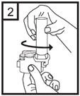 One hand rotates the upper part of the pen device clockwise to set the medication dose, while the other hand holds the base of the device
