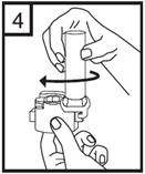 One hand rotates the cylindrical component of the medication device clockwise, while the other hand holds the base to stabilize the device during dose adjustment
