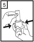 Hands unscrewing the cap from a medication vial, with arrows indicating the direction of rotation to open the packaging