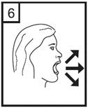 Female head in profile with open mouth, two arrows near it indicating airflow direction, number 6 in the upper left corner