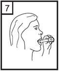 Woman taking a tablet, holding it with fingers near her mouth, image labeled with number 7 in a square