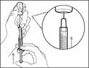 Hand holding a syringe, inserting the needle into muscle, close-up shows upward movement of the plunger to draw solution