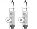 Two syringes with solution levels: left — correct level with a checkmark, right — incorrect with an X, showing differences in preparation for injection