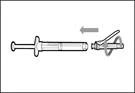 Syringe with needle and locking mechanism, arrow indicating direction of needle insertion into the syringe for injection preparation