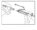 Hand unscrewing the syringe cap, another hand holding the syringe, arrow indicating the cap removal motion