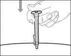 Hand holding a syringe vertically, inserting the needle into the skin at a right angle, with an arrow indicating the direction of plunger depression