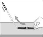 Hand holding a syringe, inserting the needle into the muscle tissue of the arm at a 45-degree angle, with an arrow indicating the direction of movement