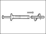 Syringe with removed cap, arrow indicating rotation to expel air from the syringe before injection