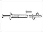 Syringe with removed cap, arrow indicating motion to expel air from the syringe before injection