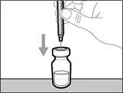 Hand holding a syringe, inserting the needle into a vial with solution, arrow indicating downward direction of liquid administration