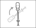 Syringe with needle inserted into a drug vial, arrow showing the direction of rotation to draw up the solution