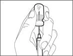 Hand holding a syringe with needle, inserting it at an angle into the skin, with visible dosage scale on the syringe barrel