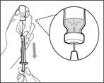 Hand holding a syringe, inserting the needle into an ampoule to draw solution, close-up shows needle insertion into the ampoule's rubber stopper