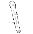 Transparent cylindrical vial with a cap, liquid visible inside, with level markings and lines for measuring volume