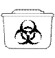 White container with a black biohazard symbol on the front panel, intended for disposal of medical waste