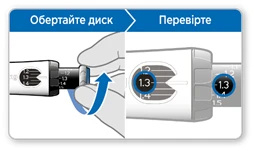 Рука вращает диск на медицинском устройстве, показывая изменение значения с 1.3 на 1.4, затем проверяет установленное значение 1.3