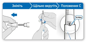 Руки демонстрируют три этапа: снятие колпачка, плотное ввинчивание и положение С с отметкой клапана на шприце