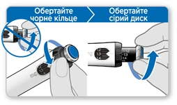 Рука вращает черное кольцо на инжекторе, затем серый диск, чтобы подготовить дозу лекарства, со стрелками, указывающими направление вращения