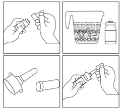 Hands opening an ampoule, pouring solution into a measuring cup, assembling a syringe and drawing up the solution for administration