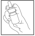 Hand holding a nasal spray bottle, fingers gripping the body, finger poised to press the actuator to release medication