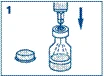 A syringe is being inserted into a vial containing solution, with the cap lying nearby; an arrow indicates the direction of plunger movement for drawing up the solution