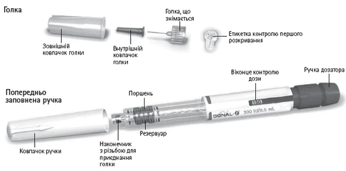 Penna siringa con parti etichettate: tappo esterno dell'ago, tappo interno, ago, etichetta di controllo del primo utilizzo, finestra di controllo della dose, pulsante della dose, stantuffo, serbatoio, attacco filettato, tappo della penna