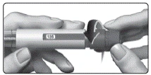 Hands holding an injector with a digital display, inserting the needle into the skin, with dose indicator '110' shown on the screen