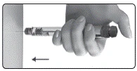 Hand holding a syringe, inserting the needle into the skin at an angle, with an arrow indicating the direction of drug administration